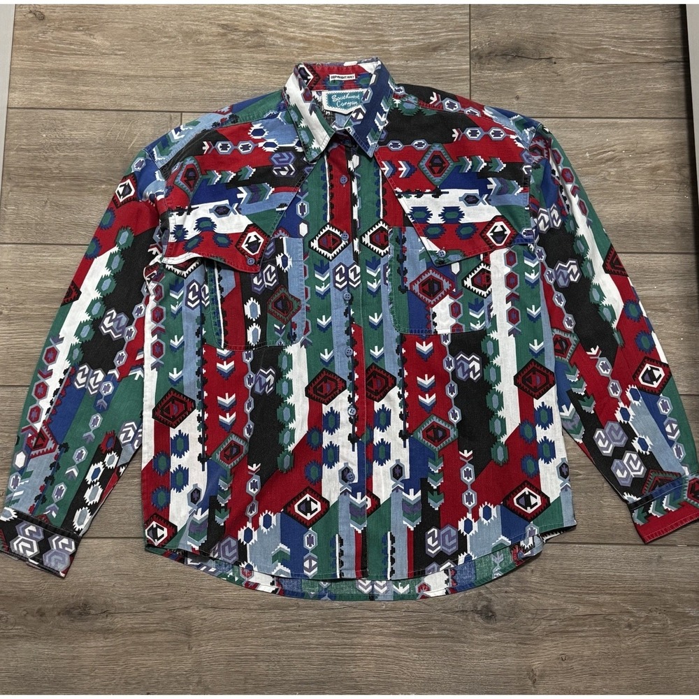 Vintage 90s Southwest Canyon Western Shirt Medium Bold Aztec Geometric Cotton